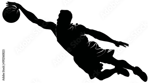 Dynamic Basketball Player Silhouette Reaching for Ball in Mid-Air, Illustrating Athletic Action and Competitive Sport