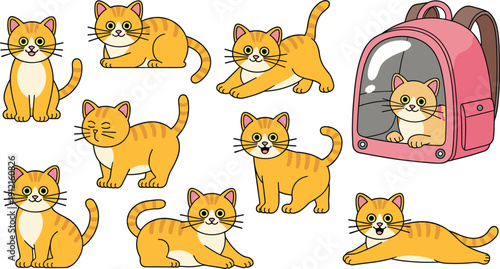 Cute ginger cat character set in various poses, adorable orange tabby kitten vector illustrations including cat carrier backpack for pet travel and nursery stickers.