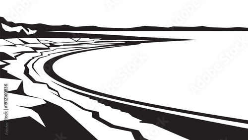 Monochrome abstract coastline with sweeping curves and star-like patterns in high-contrast ink illustration.