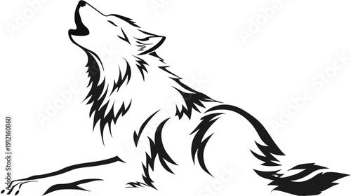 Stylized Howling Wolf Line Art Illustration. Majestic Wild Animal Silhouette in Black and White with Tribal Influence.