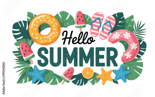 Hello summer greeting card with tropical leaves and beach accessories