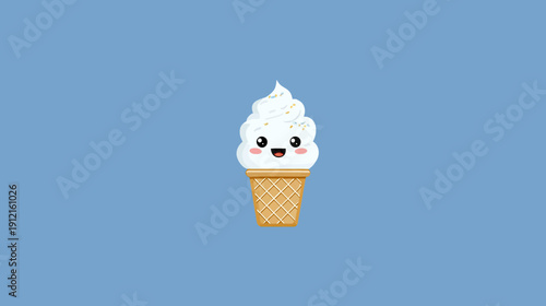 Adorable cartoon soft serve ice cream cone with a cute smiling face and sprinkles, a sweet dessert illustration on a blue background.