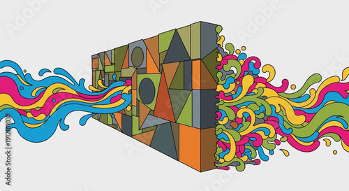 Vibrant abstract box with colorful swirling patterns and shapes illustration