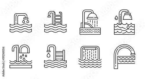 Collection of line art icons depicting various swimming pool showers, water features, and pool access equipment with flowing water.