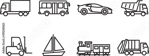 Set of vector silhouette design transportation icons bundle truck bus car train boat forklift