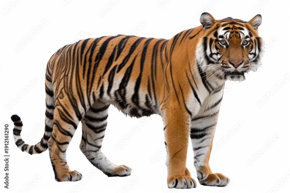 Obraz premium A majestic tiger stands in full splendor, its striking coat a testament to nature's artistry. The animal gazes intently at the viewer.