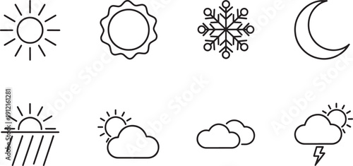 Set of vector weather icons bundle silhouette design with sun cloud rain snow moon phases