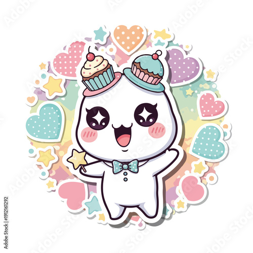 Kawaii cartoon character with cupcakes and hearts