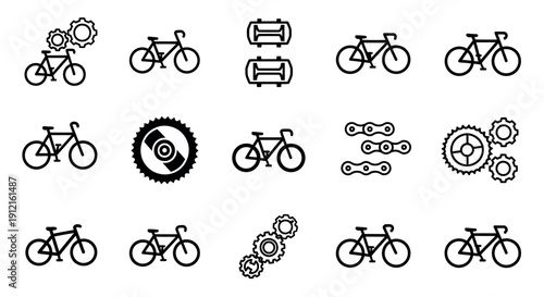 Collection of black outline icons depicting bicycles and various bicycle parts such as gears, chains, and pedals on a white background.