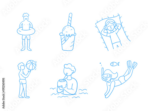 Summer Vacation Activities Outline Icon Set – Beach Leisure Line Vector Collection