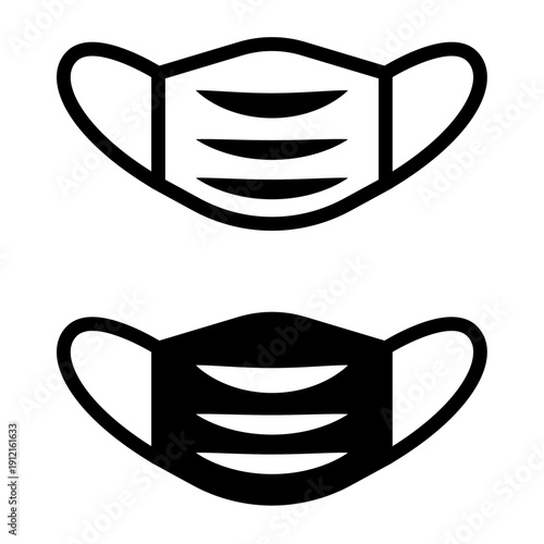 Medical face mask icon set featuring a solid black silhouette and a thin line art version for healthcare protection, pandemic safety, or surgical equipment branding concepts.