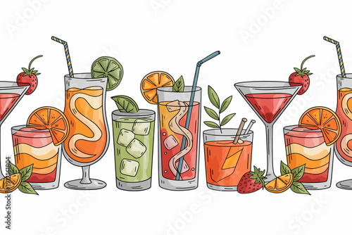 Colorful illustration of various cocktails with fruits and straws on transparent background