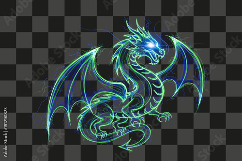 Dragon Illustration fierce electric mythological glowing creature artwork outline neon green blue.