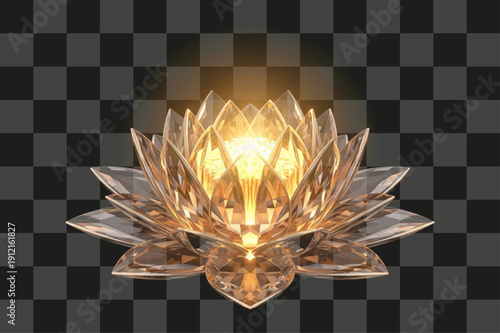 Crystal Lotus Faceted Flower Geometric Rendering Gemstone Glowing Golden Orange Light Isolated Transparent Background
