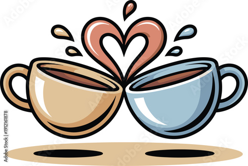 Whimsical vector illustration of two coffee mugs clinking together to form a heart shape with decorative splashes for café branding.