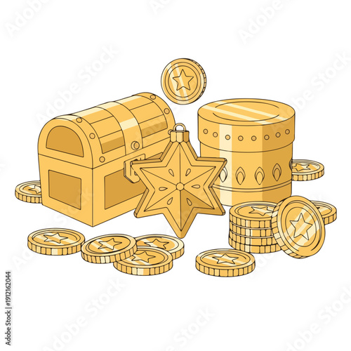 Golden treasure chest with coins and star isolated on white