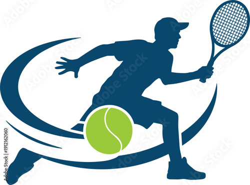 Professional blue silhouette vector logo of a tennis player in motion with a vibrant green tennis ball and decorative swoosh elements.