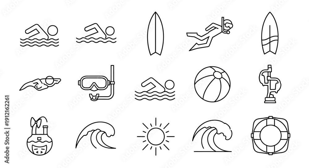 Obraz premium Collection of line art icons depicting various summer and water sports activities like swimming, surfing, and diving.