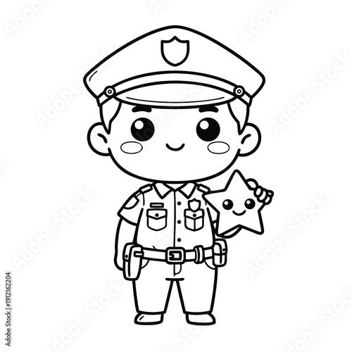Cute Kawaii Police Officer Holding a Star Coloring Page.
