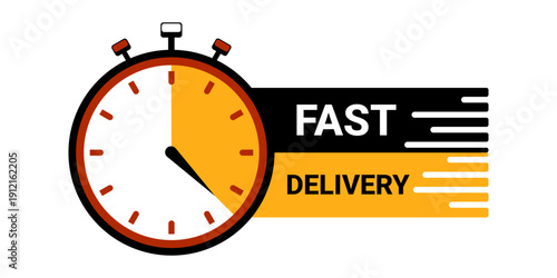 Fast delivery concept banner with stopwatch and speed lines. Vector illustration featuring a clock icon and "Fast Delivery" text for e-commerce, logistics, and shipping services.