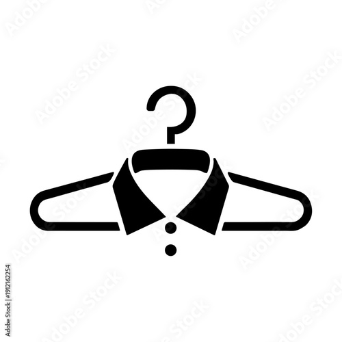 Minimalist clothes hanger with shirt collar icon. Black vector illustration of a laundry, fashion, and apparel symbol isolated on a white background for dry cleaning and wardrobe concepts.