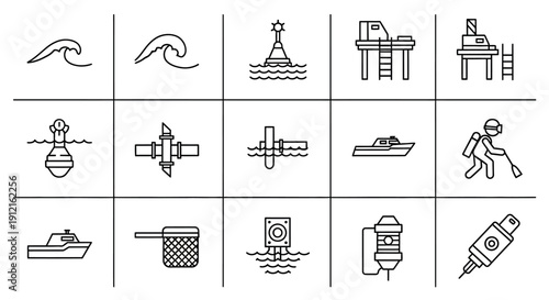 Line art icons depicting various marine, ocean, and underwater equipment, activities, and elements in a grid layout.