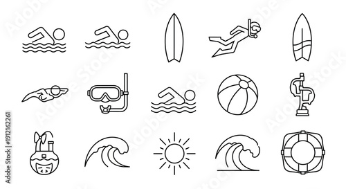 Collection of line art icons depicting various summer and water sports activities like swimming, surfing, and diving.