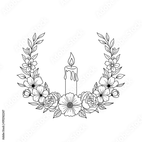 Tribute candle and floral circle minimalist vector illustration on white background