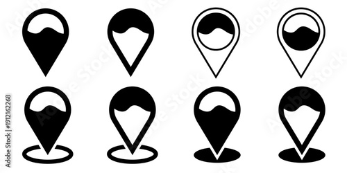Location pin and map pointer icon set in minimalist black and white style. Vector illustration of eight diverse GPS navigation markers and destination symbols for web design, apps, and geographic trac