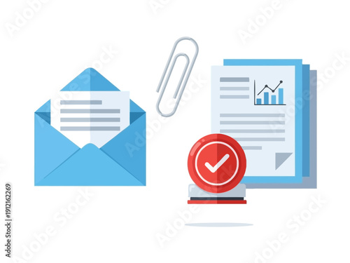 Flat illustration of correspondence documents paperclip and approval stamp