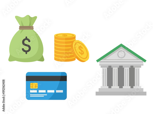 Icons representing cash coins a bank and a credit card