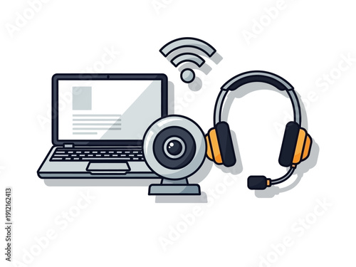 Laptop webcam headset and WiFi symbol illustration