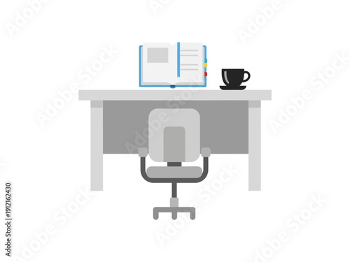 Minimalist illustration of a desk with an open book and coffee cup