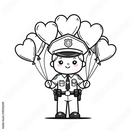 Cute police officer holding heart shaped balloons coloring page.