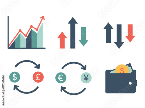 Six financial and currency icons arranged in two rows on a white background
