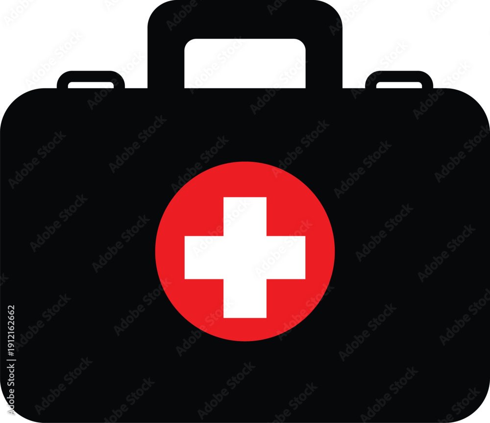 Obraz premium Black first aid kit with red circle and white cross symbol medical kit emergency kit