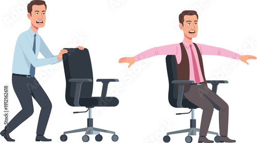 Flat vector illustration of office workers playing with chairs featuring a man pushing a chair and another man spinning with arms outstretched.