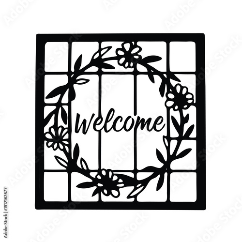 Elegant Welcome Sign with Floral Wreath Design and Black Grid Frame
