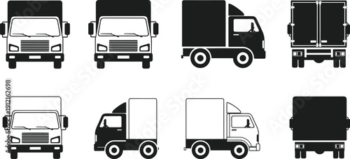 Set of delivery truck icons in front side and back views isolated on white background for logistics business.