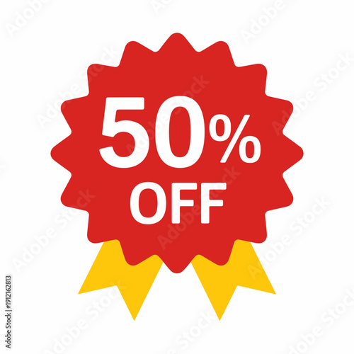 Red starburst ribbon with fifty percent off text and yellow tails
