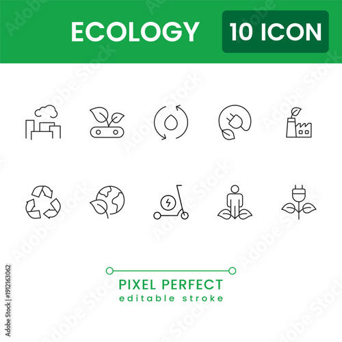 ecology and environment icon set, green nature sustainability symbols, modern flat vector eco protection UI icons