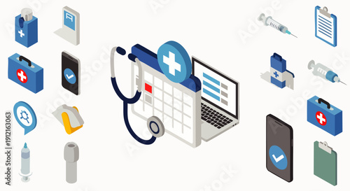 Isometric medical icons and symbols for healthcare, technology, and digital health services, including stethoscope, calendar, and laptop