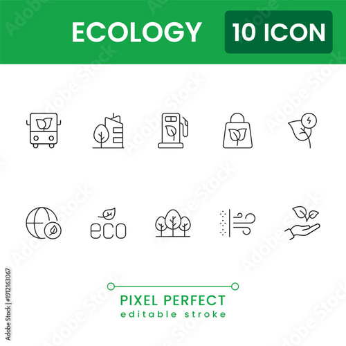ecology and environment icon set, green nature sustainability symbols, modern flat vector eco protection UI icons