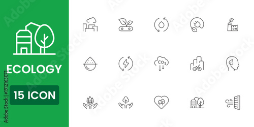 ecology icon set, eco friendly sustainability symbols, green nature and environment protection vector icons, modern ecology UI pack