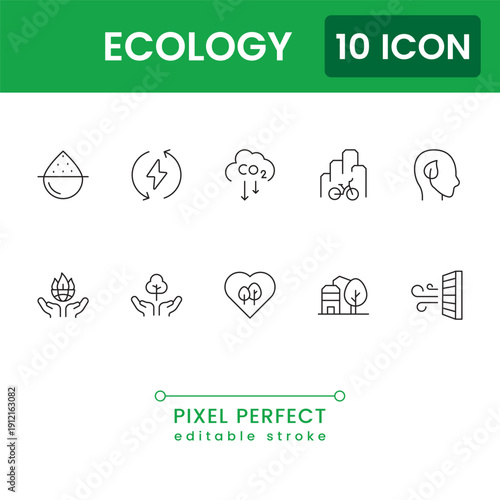 ecology and environment icon set, green nature sustainability symbols, modern flat vector eco protection UI icons
