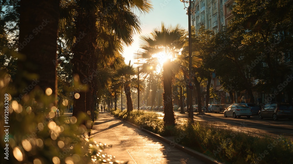 Naklejka premium City Street Scene: An inviting street scene unfolds under the warm embrace of the sun, framed by palm trees and an old building, inviting exploration. 