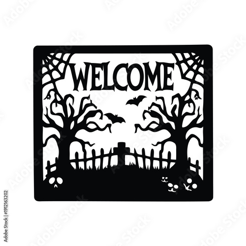 Welcome to the Halloween Graveyard Scary Landscape in Black and White
