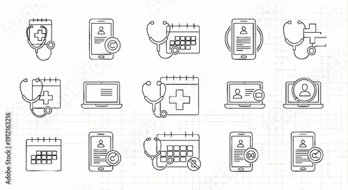 Set of medical icons, including stethoscope, smartphone, calendar, and laptop, representing healthcare technology and appointments.