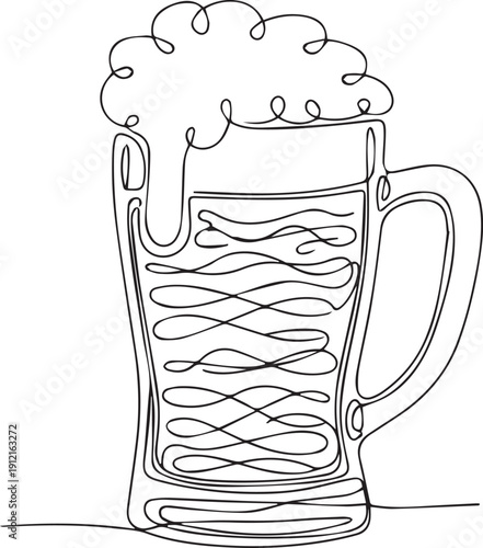A continuous line drawing depicting a full mug of foamy beer