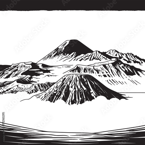 Stark black and white illustration of snowy mountain range overlooking a tranquil lake.